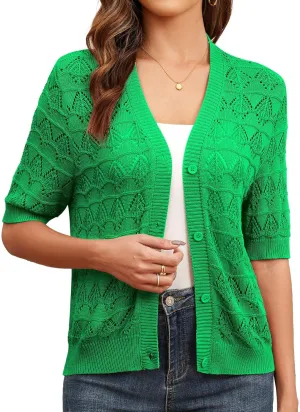 Genhoo Cropped Cardigan Sweaters for Women Short Sleeve Crochet Knit Bolero Shrug V-Neck Button up Hollowed-Out Knit Sweater