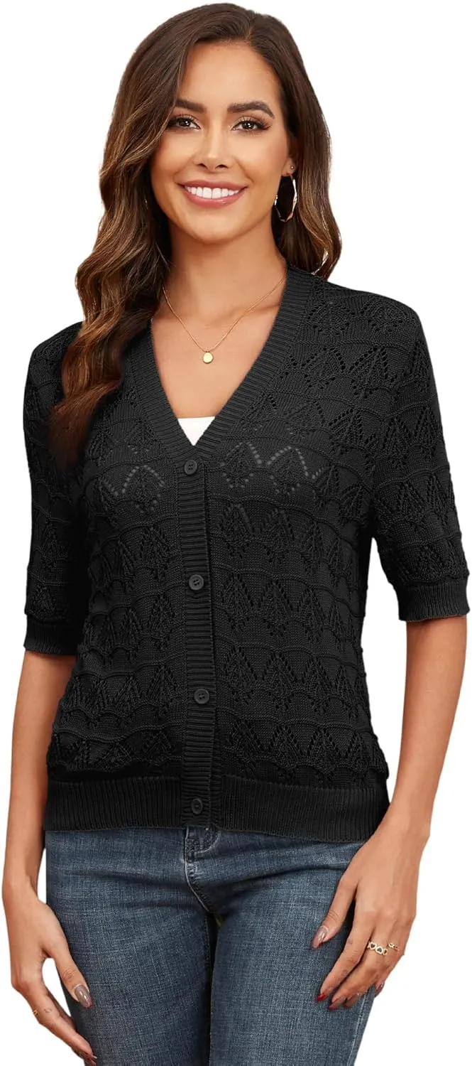 Genhoo Cropped Cardigan Sweaters for Women Short Sleeve Crochet Knit Bolero Shrug V-Neck Button up Hollowed-Out Knit Sweater