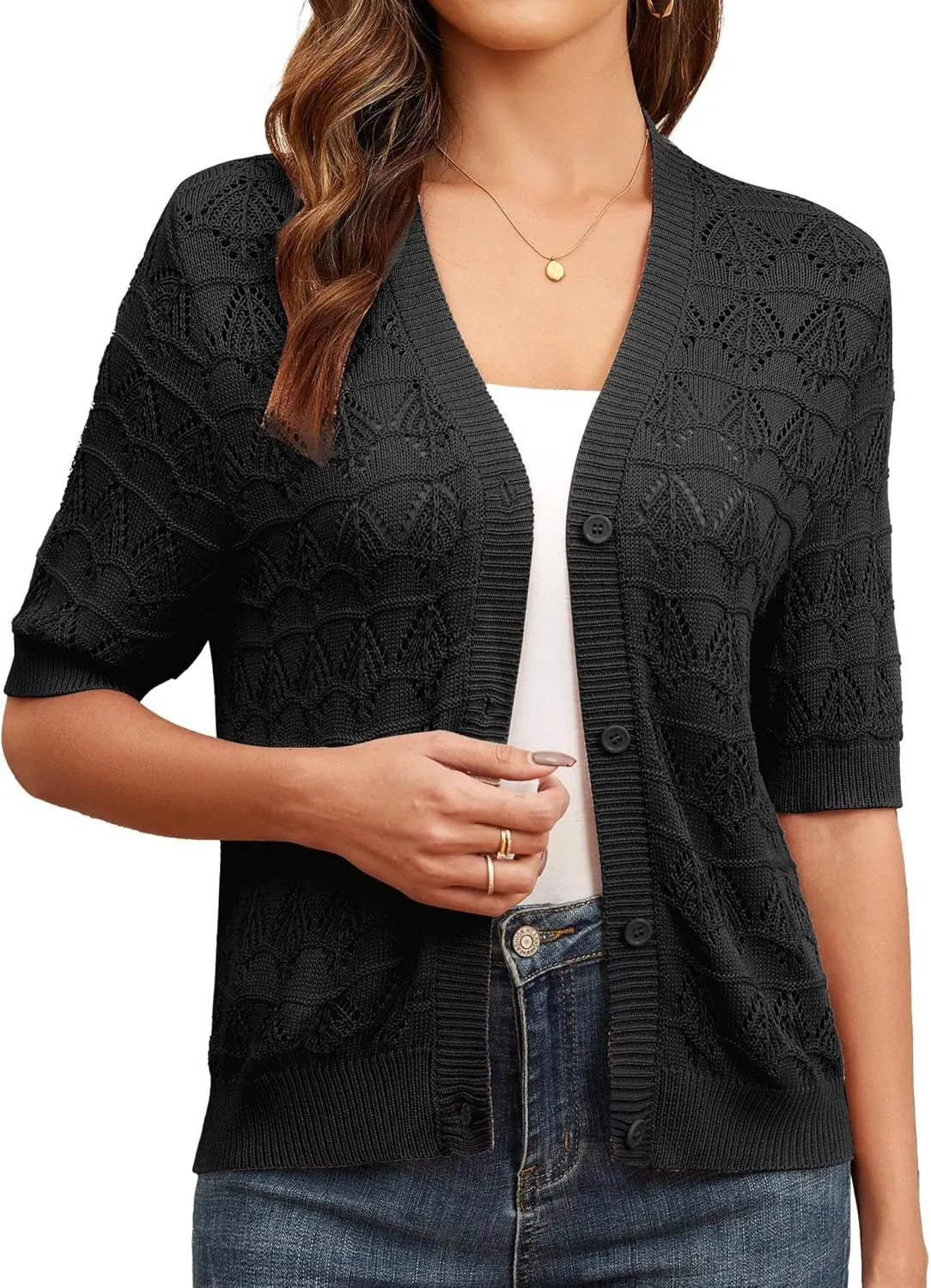 Genhoo Cropped Cardigan Sweaters for Women Short Sleeve Crochet Knit Bolero Shrug V-Neck Button up Hollowed-Out Knit Sweater