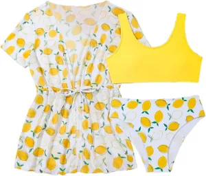 Girl's 3 Piece Bikini Set Tropical Leaf Print Swimwear Bathing Suit Swimsuit with Kimono Cover Up