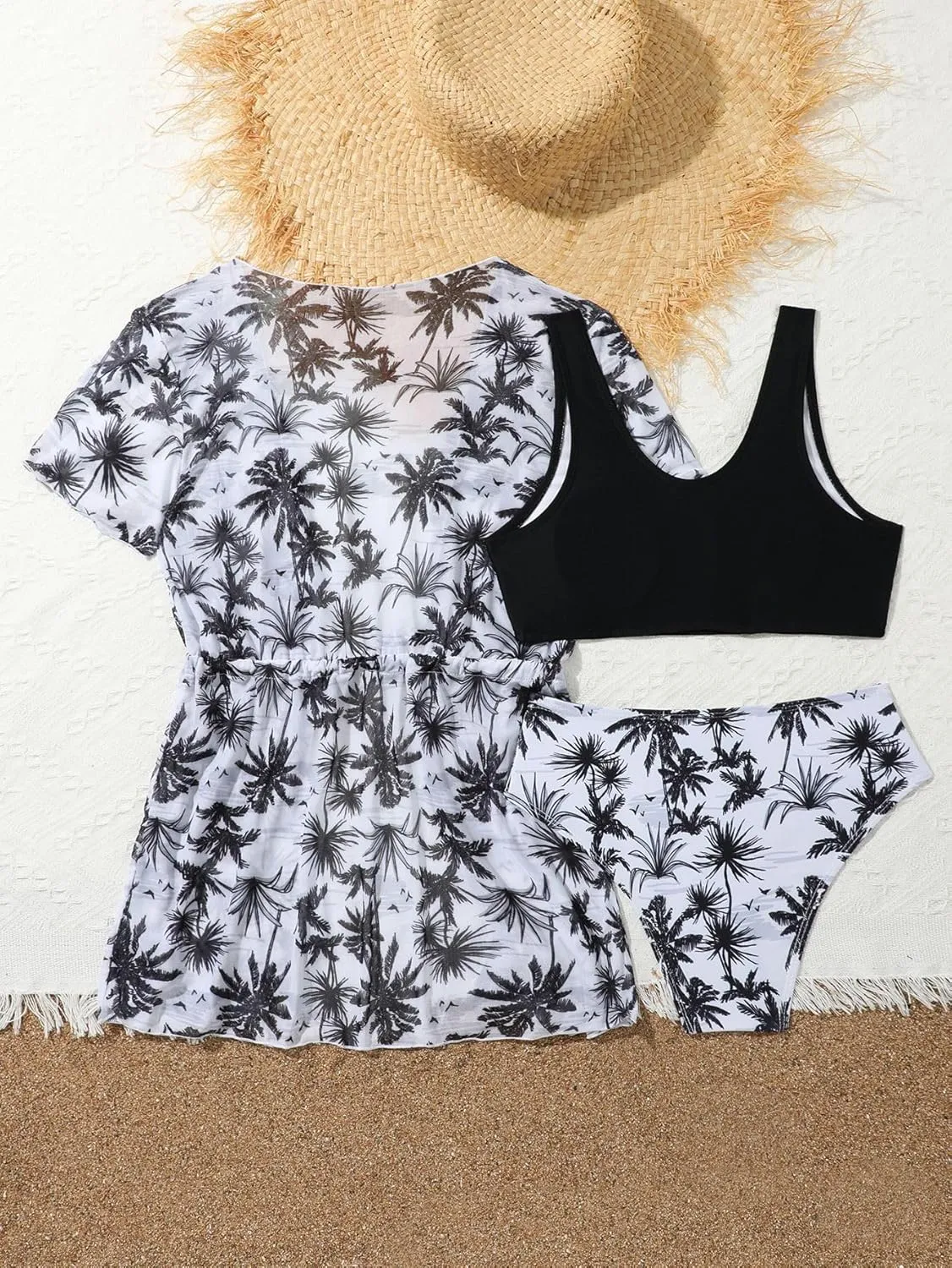 Girl's 3 Piece Bikini Set Tropical Leaf Print Swimwear Bathing Suit Swimsuit with Kimono Cover Up