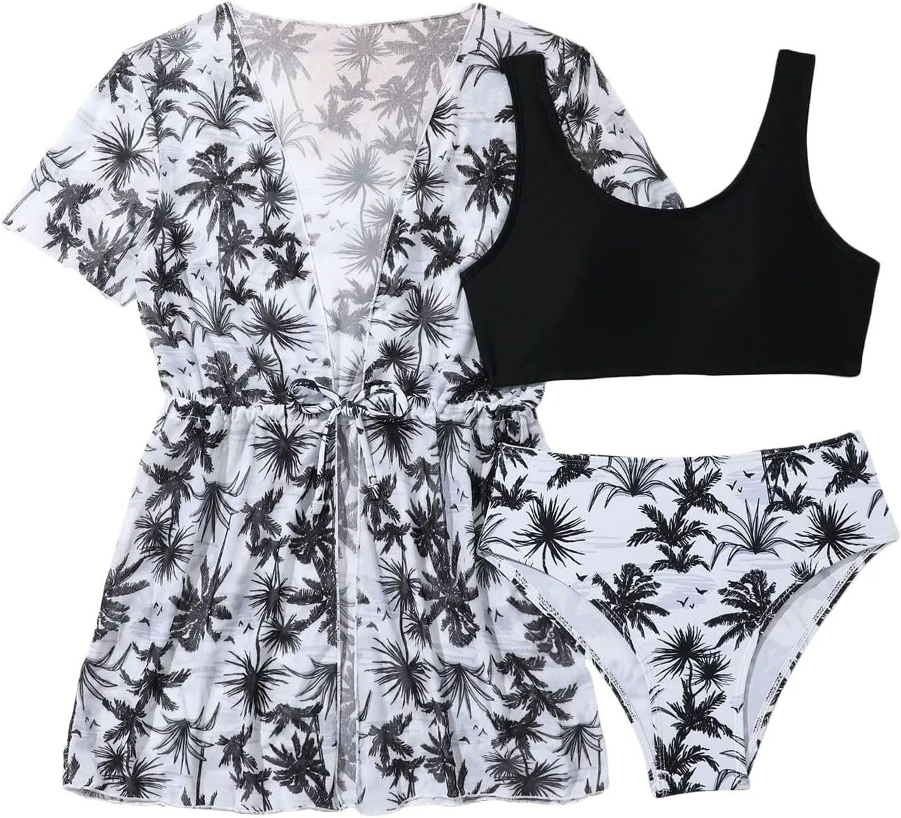 Girl's 3 Piece Bikini Set Tropical Leaf Print Swimwear Bathing Suit Swimsuit with Kimono Cover Up