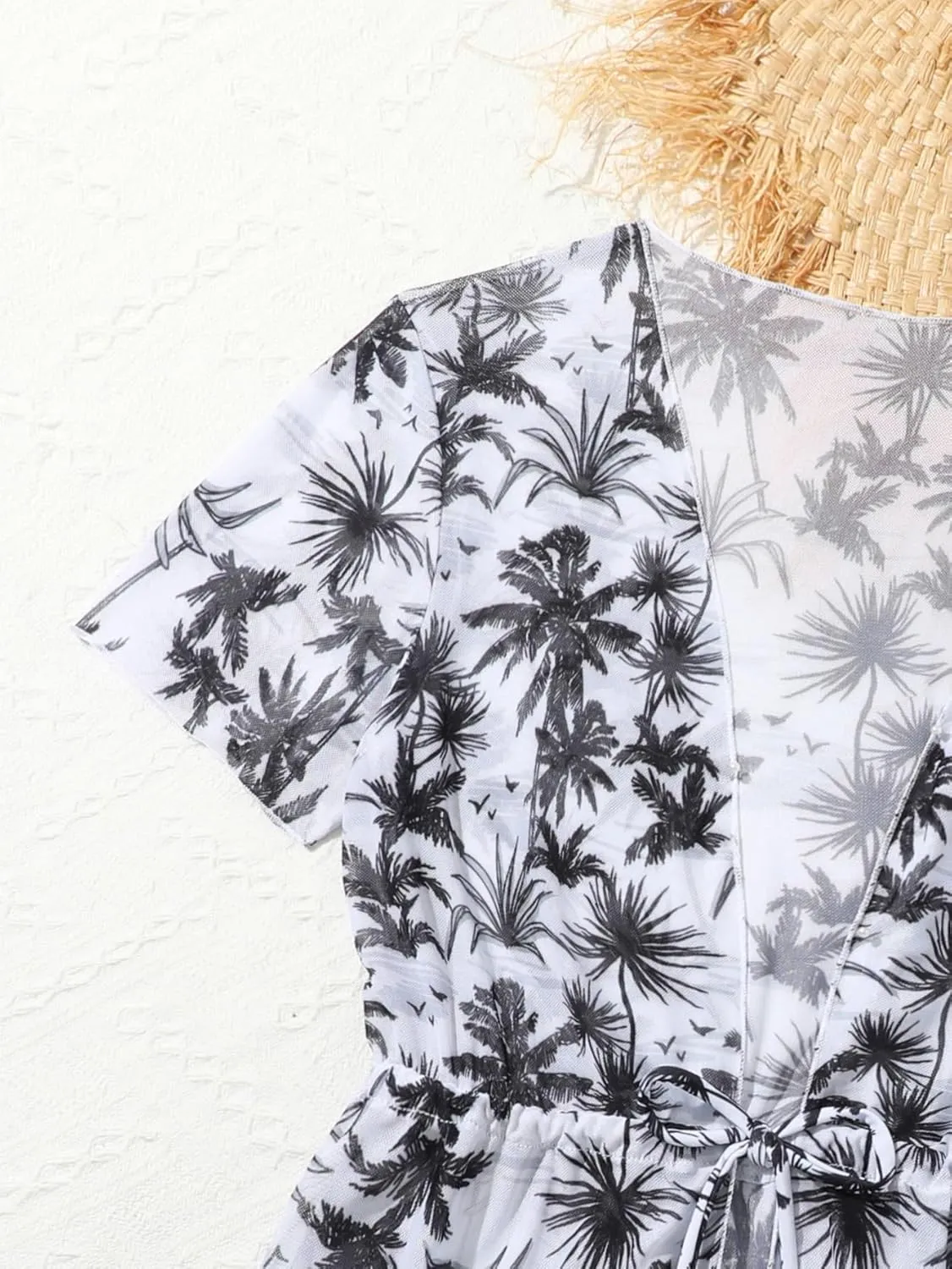 Girl's 3 Piece Bikini Set Tropical Leaf Print Swimwear Bathing Suit Swimsuit with Kimono Cover Up