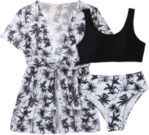 Girl's 3 Piece Bikini Set Tropical Leaf Print Swimwear Bathing Suit Swimsuit with Kimono Cover Up