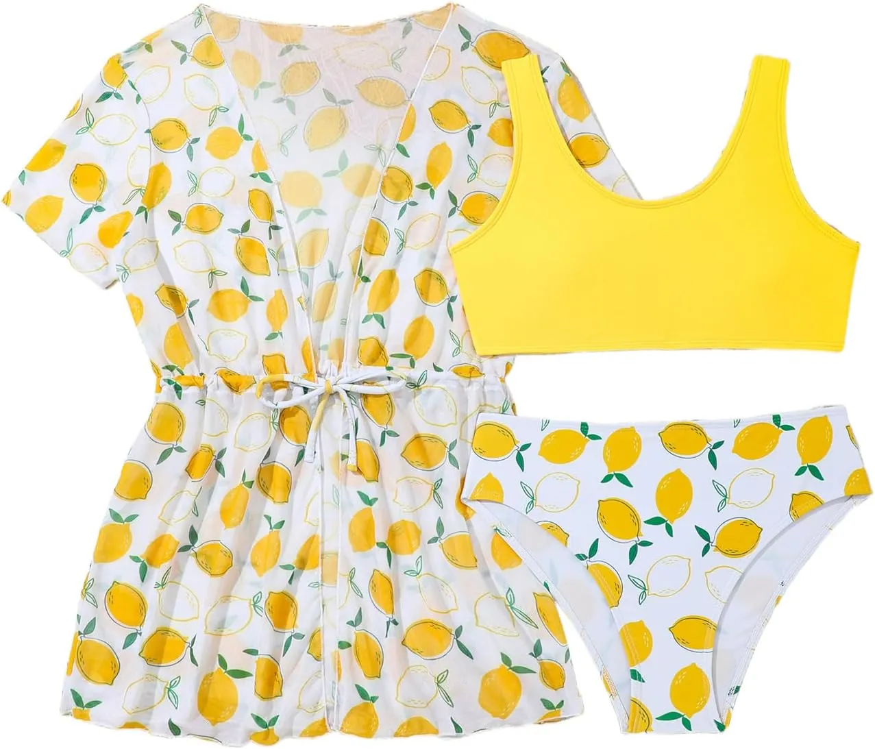 Girl's 3 Piece Bikini Set Tropical Leaf Print Swimwear Bathing Suit Swimsuit with Kimono Cover Up