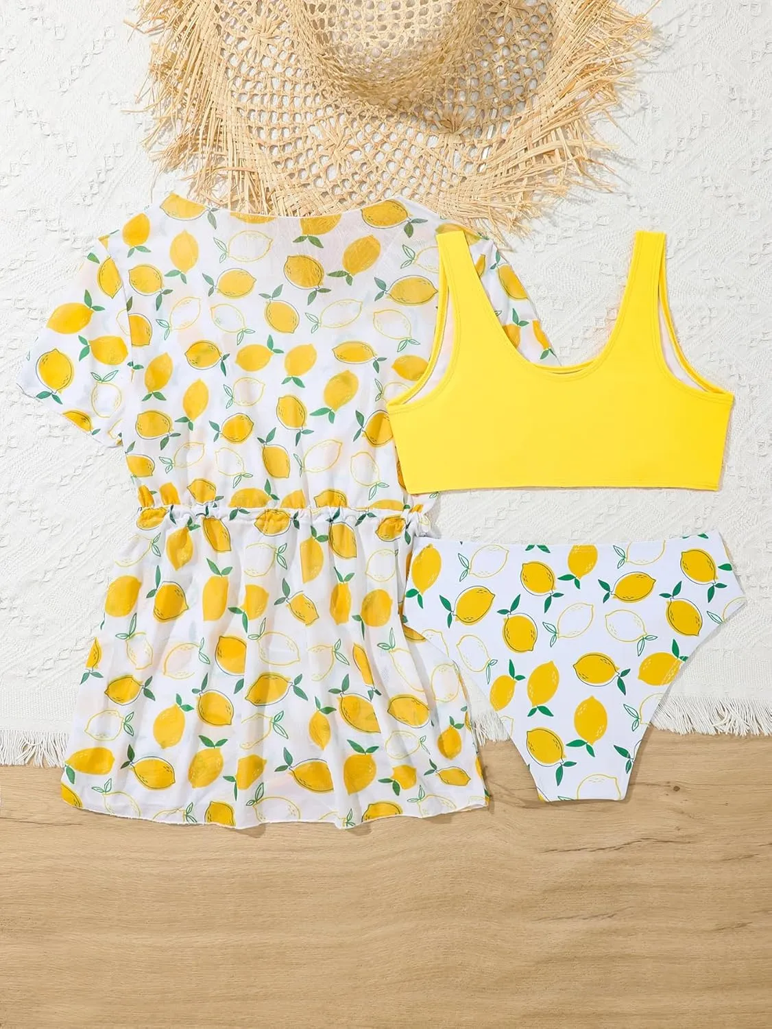 Girl's 3 Piece Bikini Set Tropical Leaf Print Swimwear Bathing Suit Swimsuit with Kimono Cover Up