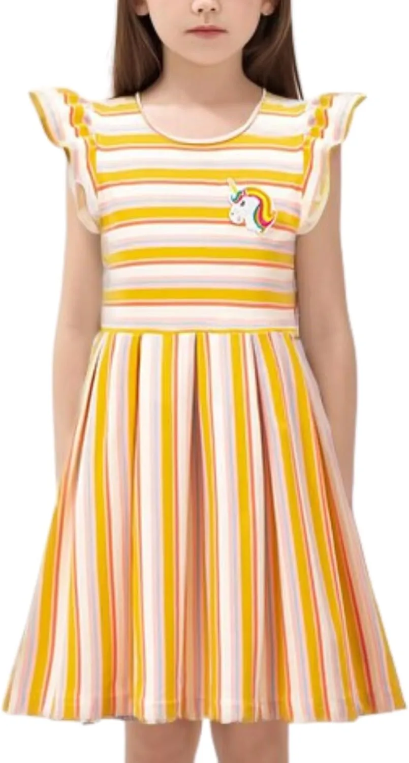 Girls Striped Dress Unicorn Ruffle Sleeveless Casual Dresses Sundress