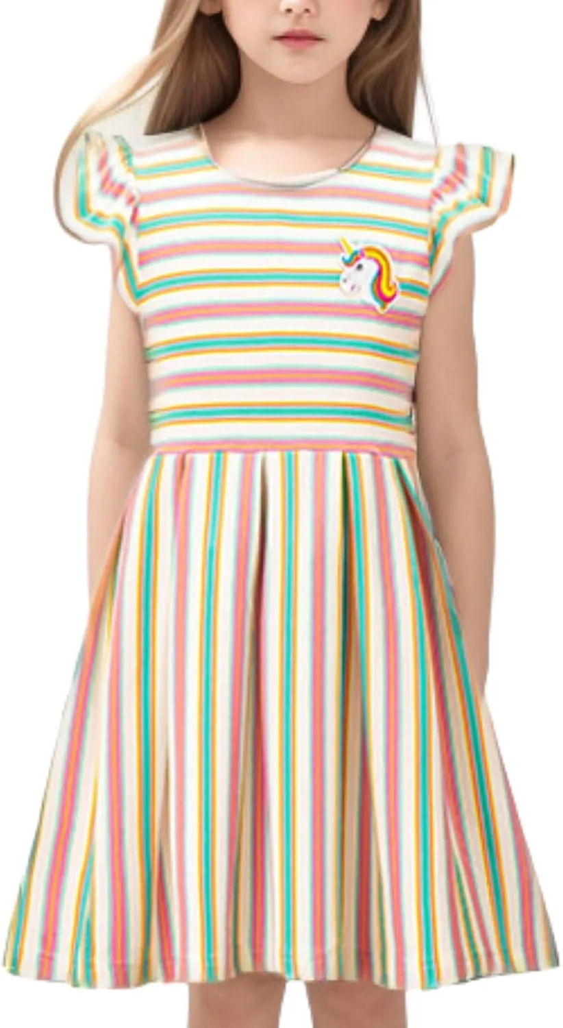 Girls Striped Dress Unicorn Ruffle Sleeveless Casual Dresses Sundress