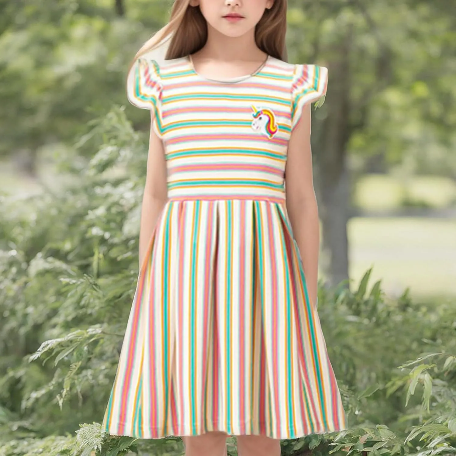 Girls Striped Dress Unicorn Ruffle Sleeveless Casual Dresses Sundress
