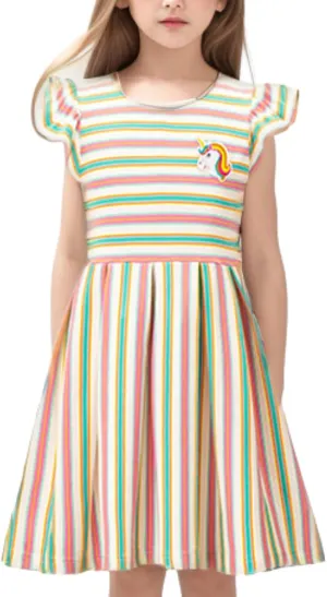 Girls Striped Dress Unicorn Ruffle Sleeveless Casual Dresses Sundress