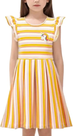 Girls Striped Dress Unicorn Ruffle Sleeveless Casual Dresses Sundress