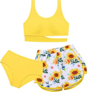 Girls Swimsuit 3 Piece High Waist Sport Bathing Suit Quick Dry Bikini Tankini Sets with Shorts for 7-16