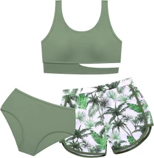 Girls Swimsuit 3 Piece High Waist Sport Bathing Suit Quick Dry Bikini Tankini Sets with Shorts for 7-16