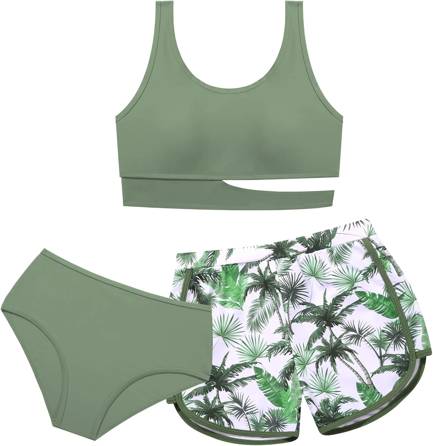 Girls Swimsuit 3 Piece High Waist Sport Bathing Suit Quick Dry Bikini Tankini Sets with Shorts for 7-16