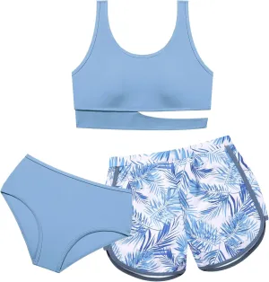 Girls Swimsuit 3 Piece High Waist Sport Bathing Suit Quick Dry Bikini Tankini Sets with Shorts for 7-16
