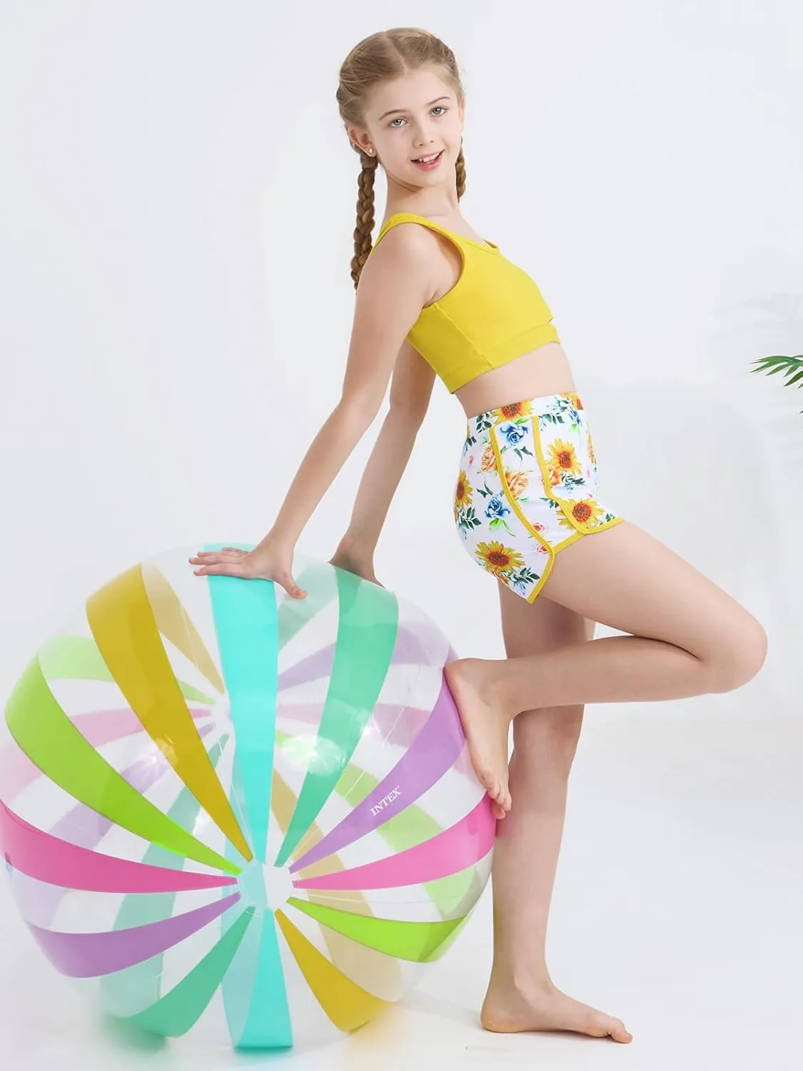 Girls Swimsuit 3 Piece High Waist Sport Bathing Suit Quick Dry Bikini Tankini Sets with Shorts for 7-16