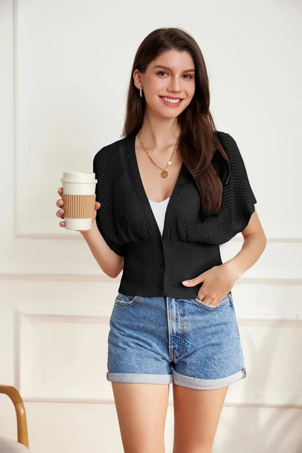 GRACE KARIN 2025 Women Short Sleeve Crochet Cardigan Summer Draped V-Neck Bolero Shrug Sweater Hollow Out Beach Cover Up