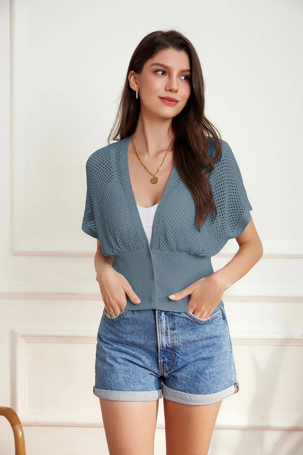GRACE KARIN 2025 Women Short Sleeve Crochet Cardigan Summer Draped V-Neck Bolero Shrug Sweater Hollow Out Beach Cover Up