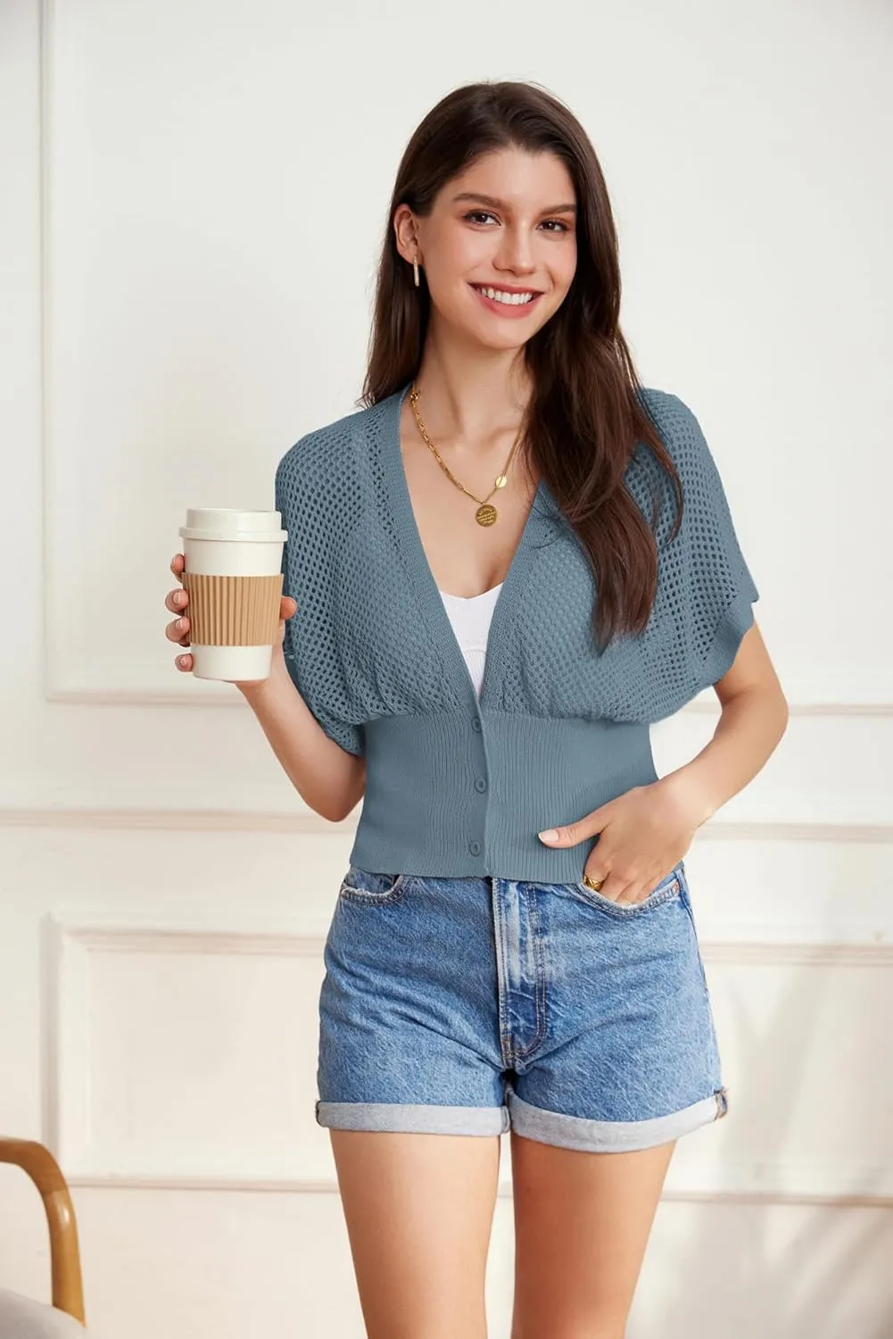 GRACE KARIN 2025 Women Short Sleeve Crochet Cardigan Summer Draped V-Neck Bolero Shrug Sweater Hollow Out Beach Cover Up