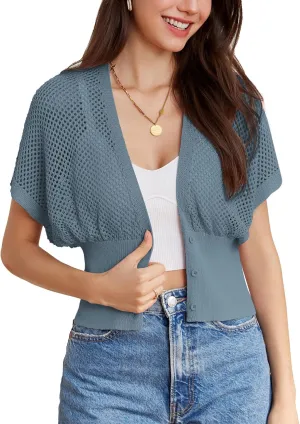 GRACE KARIN 2025 Women Short Sleeve Crochet Cardigan Summer Draped V-Neck Bolero Shrug Sweater Hollow Out Beach Cover Up