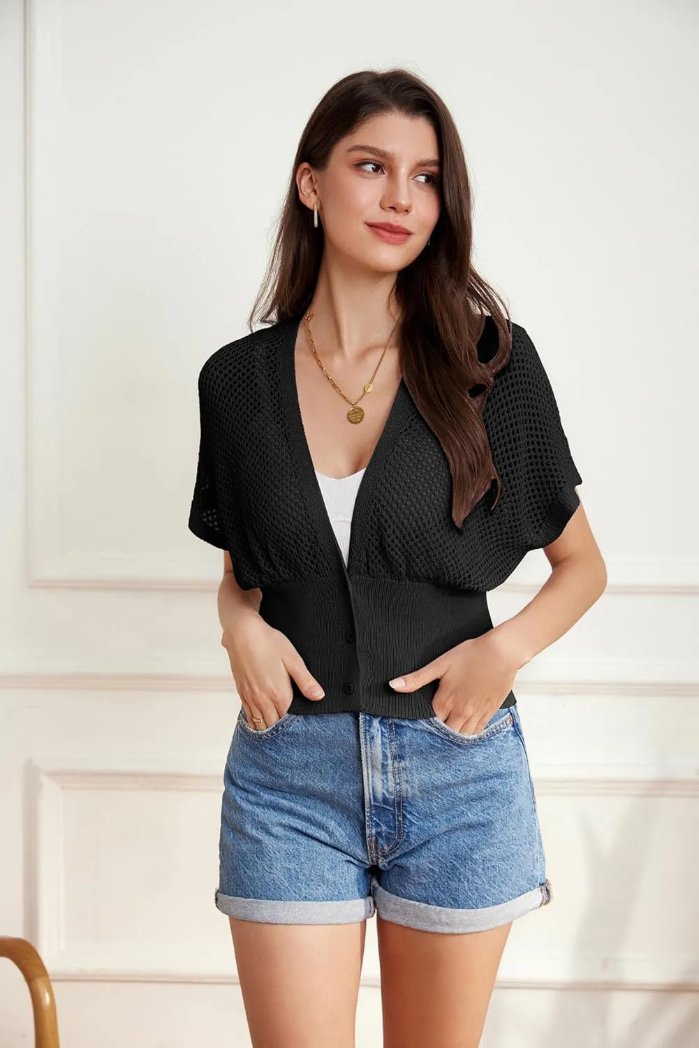 GRACE KARIN 2025 Women Short Sleeve Crochet Cardigan Summer Draped V-Neck Bolero Shrug Sweater Hollow Out Beach Cover Up
