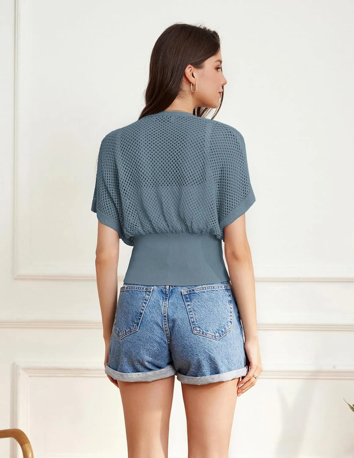 GRACE KARIN 2025 Women Short Sleeve Crochet Cardigan Summer Draped V-Neck Bolero Shrug Sweater Hollow Out Beach Cover Up