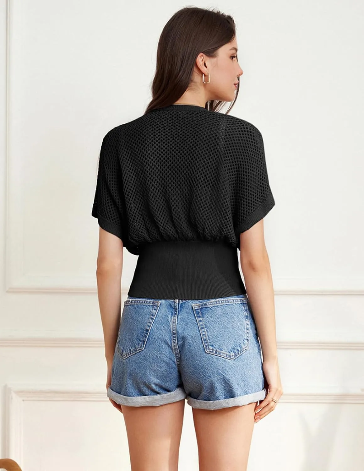 GRACE KARIN 2025 Women Short Sleeve Crochet Cardigan Summer Draped V-Neck Bolero Shrug Sweater Hollow Out Beach Cover Up