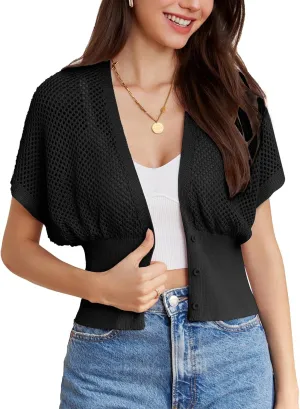 GRACE KARIN 2025 Women Short Sleeve Crochet Cardigan Summer Draped V-Neck Bolero Shrug Sweater Hollow Out Beach Cover Up