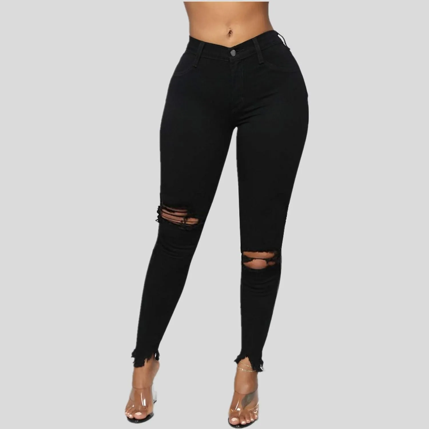 High Waisted-Rise Colored Stretch Skinny Destroyed Ripped Distressed Jeans for Women Skinny Legs Stretch Denim Pants