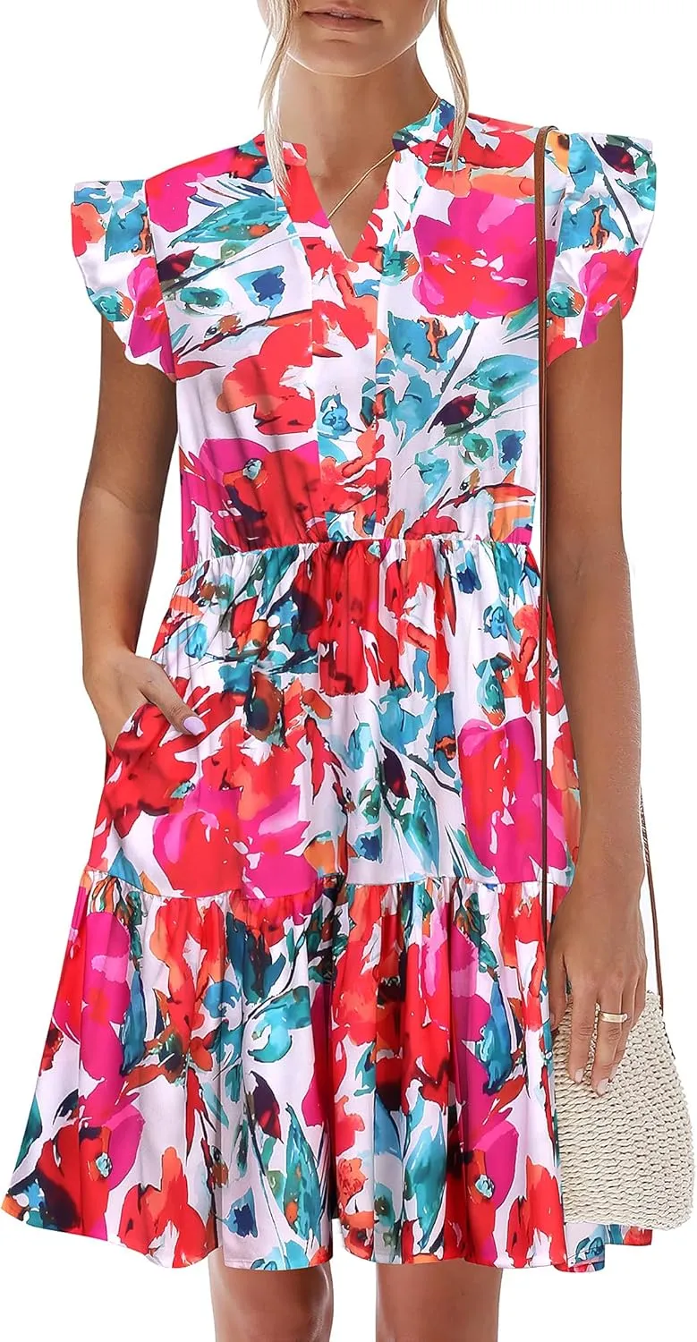 HOTOUCH Women Printed Dress for Summer Short Ruffle Sleeve Dress Tiered Mini Dress with Pockets
