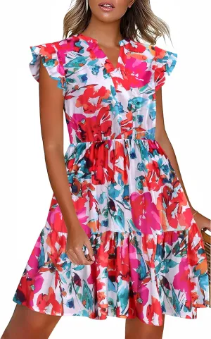 HOTOUCH Women Printed Dress for Summer Short Ruffle Sleeve Dress Tiered Mini Dress with Pockets