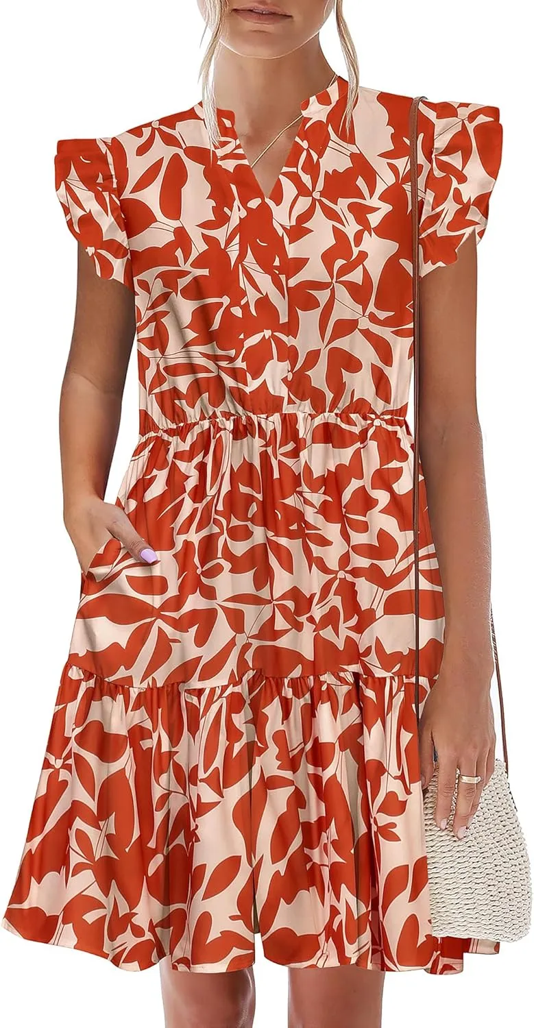 HOTOUCH Women Printed Dress for Summer Short Ruffle Sleeve Dress Tiered Mini Dress with Pockets
