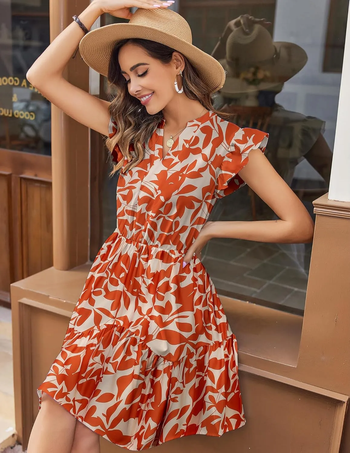 HOTOUCH Women Printed Dress for Summer Short Ruffle Sleeve Dress Tiered Mini Dress with Pockets