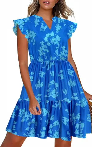 HOTOUCH Women Printed Dress for Summer Short Ruffle Sleeve Dress Tiered Mini Dress with Pockets