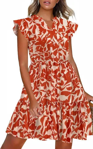 HOTOUCH Women Printed Dress for Summer Short Ruffle Sleeve Dress Tiered Mini Dress with Pockets