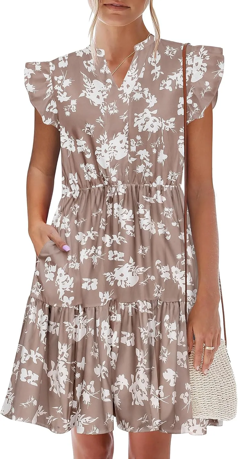 HOTOUCH Women Printed Dress for Summer Short Ruffle Sleeve Dress Tiered Mini Dress with Pockets
