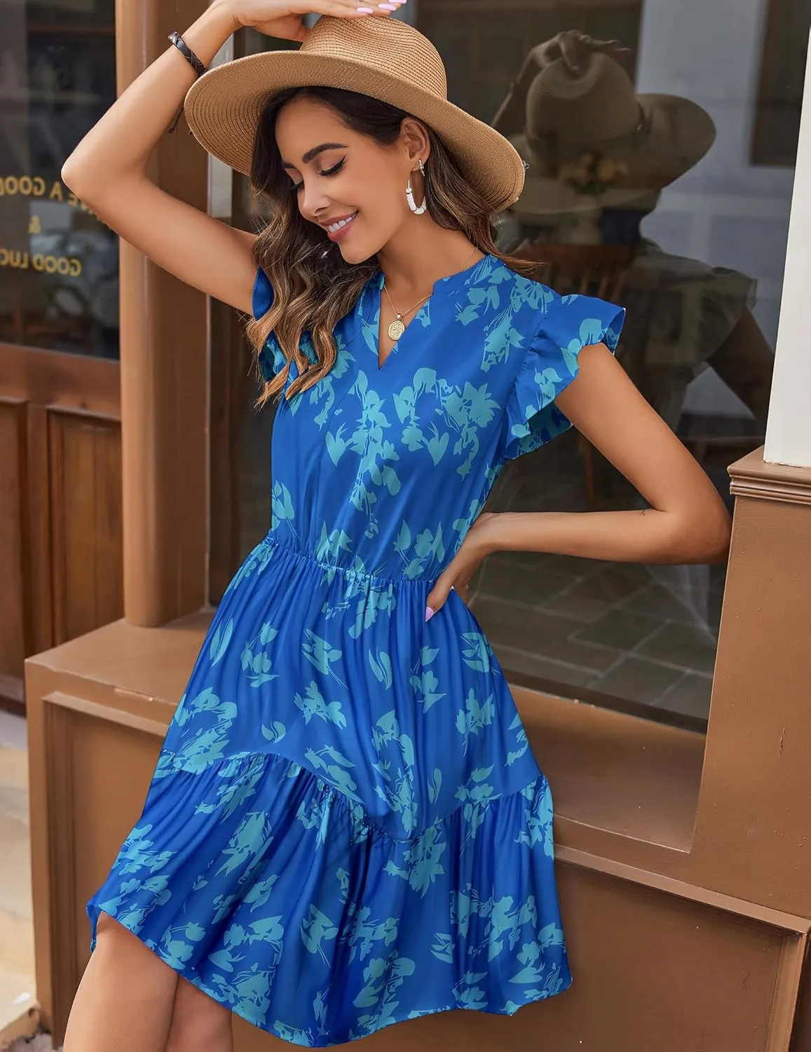 HOTOUCH Women Printed Dress for Summer Short Ruffle Sleeve Dress Tiered Mini Dress with Pockets