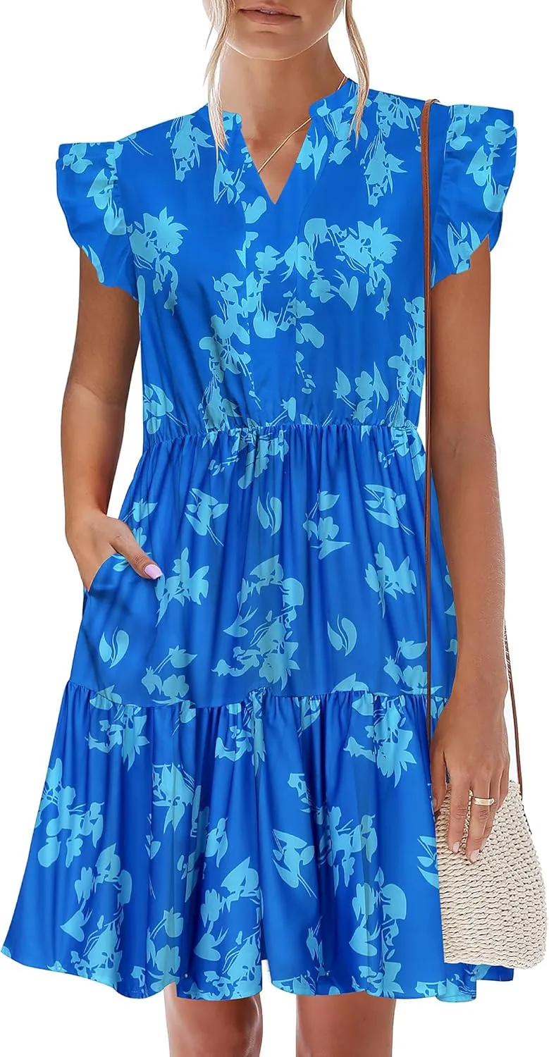 HOTOUCH Women Printed Dress for Summer Short Ruffle Sleeve Dress Tiered Mini Dress with Pockets