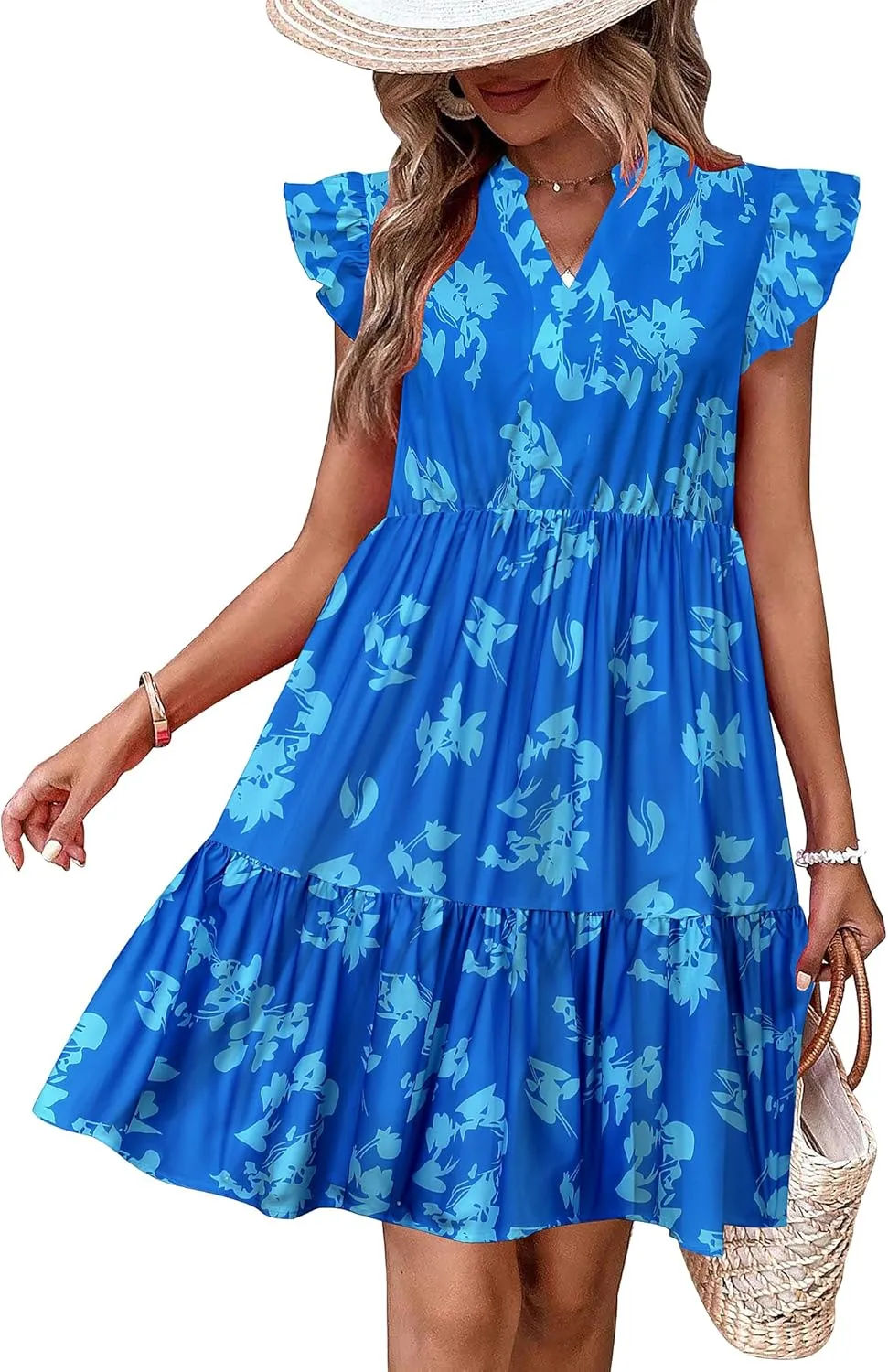 HOTOUCH Women Printed Dress for Summer Short Ruffle Sleeve Dress Tiered Mini Dress with Pockets