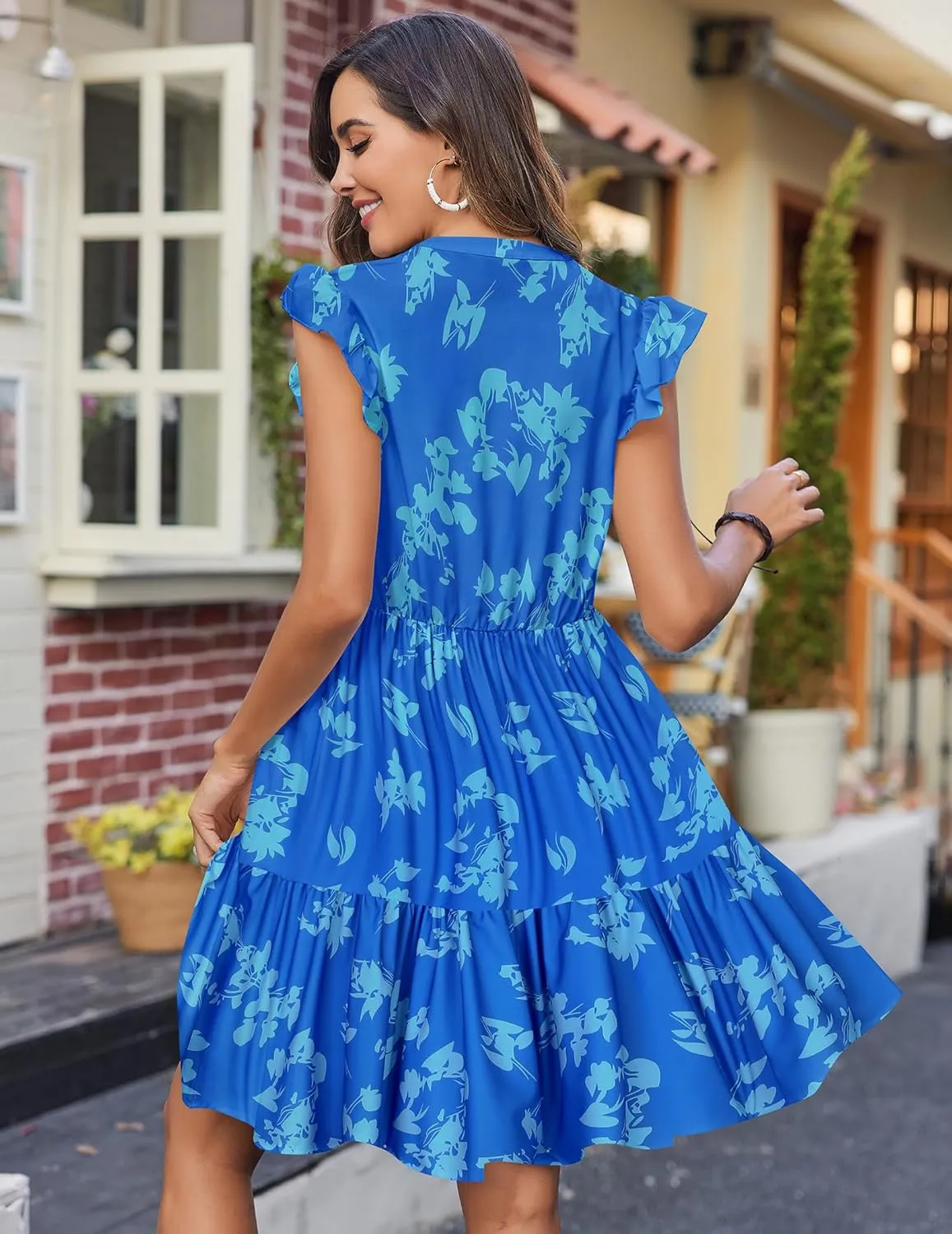 HOTOUCH Women Printed Dress for Summer Short Ruffle Sleeve Dress Tiered Mini Dress with Pockets