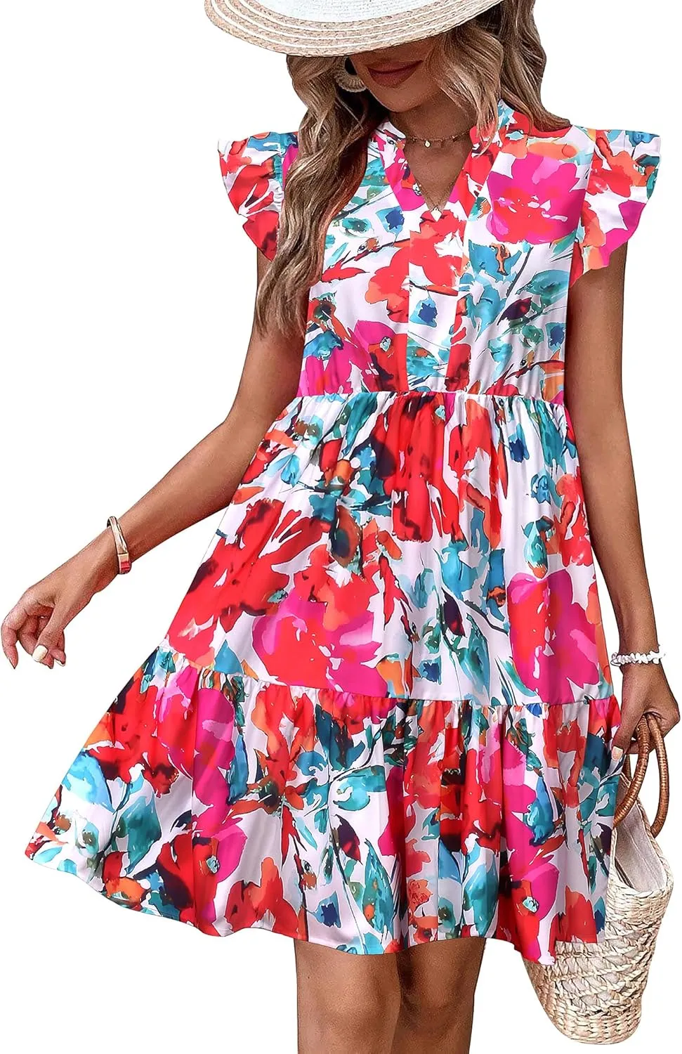 HOTOUCH Women Printed Dress for Summer Short Ruffle Sleeve Dress Tiered Mini Dress with Pockets