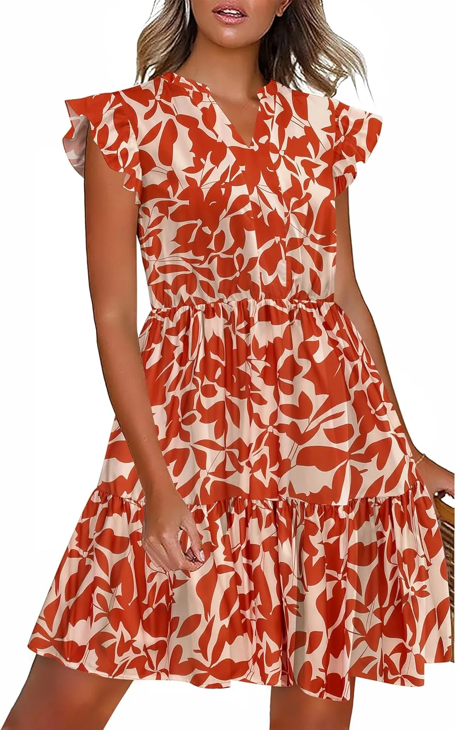 HOTOUCH Women Printed Dress for Summer Short Ruffle Sleeve Dress Tiered Mini Dress with Pockets
