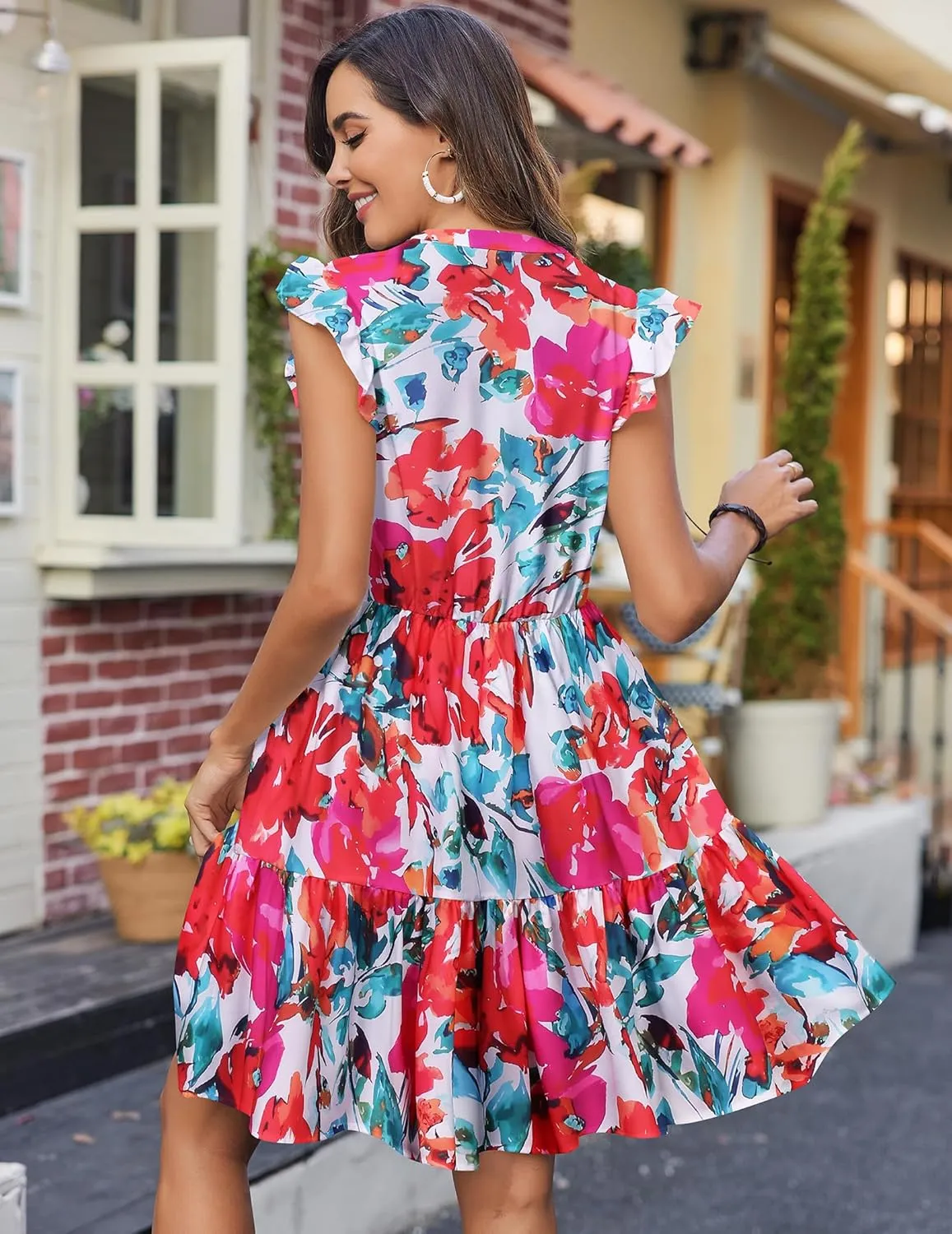 HOTOUCH Women Printed Dress for Summer Short Ruffle Sleeve Dress Tiered Mini Dress with Pockets
