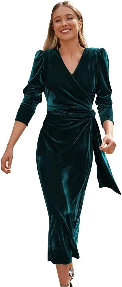 IWEMEK Women Velvet Dress Long Sleeve Wrap V Neck Ruched Bodycon Cocktail Party Maxi Dress Fall Winter Wedding Guest Dress