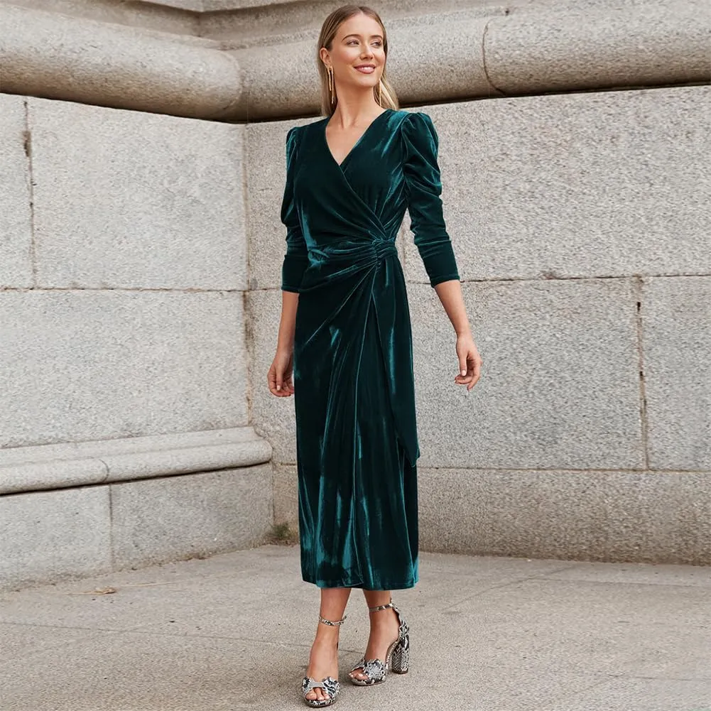 IWEMEK Women Velvet Dress Long Sleeve Wrap V Neck Ruched Bodycon Cocktail Party Maxi Dress Fall Winter Wedding Guest Dress