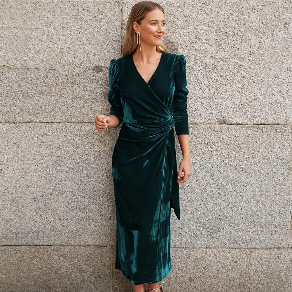 IWEMEK Women Velvet Dress Long Sleeve Wrap V Neck Ruched Bodycon Cocktail Party Maxi Dress Fall Winter Wedding Guest Dress