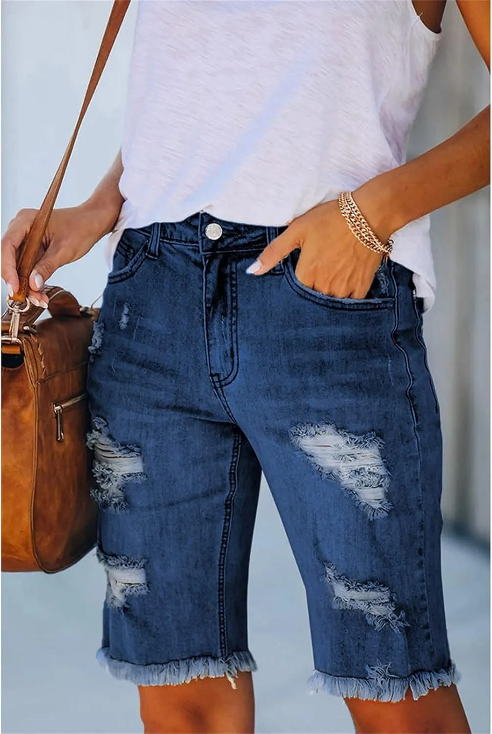 JEKE-DG Women High Waisted Stretch Bermuda Shorts Ripped Distressed Stretch Denim Shorts Frayed Hem Casual Shorts