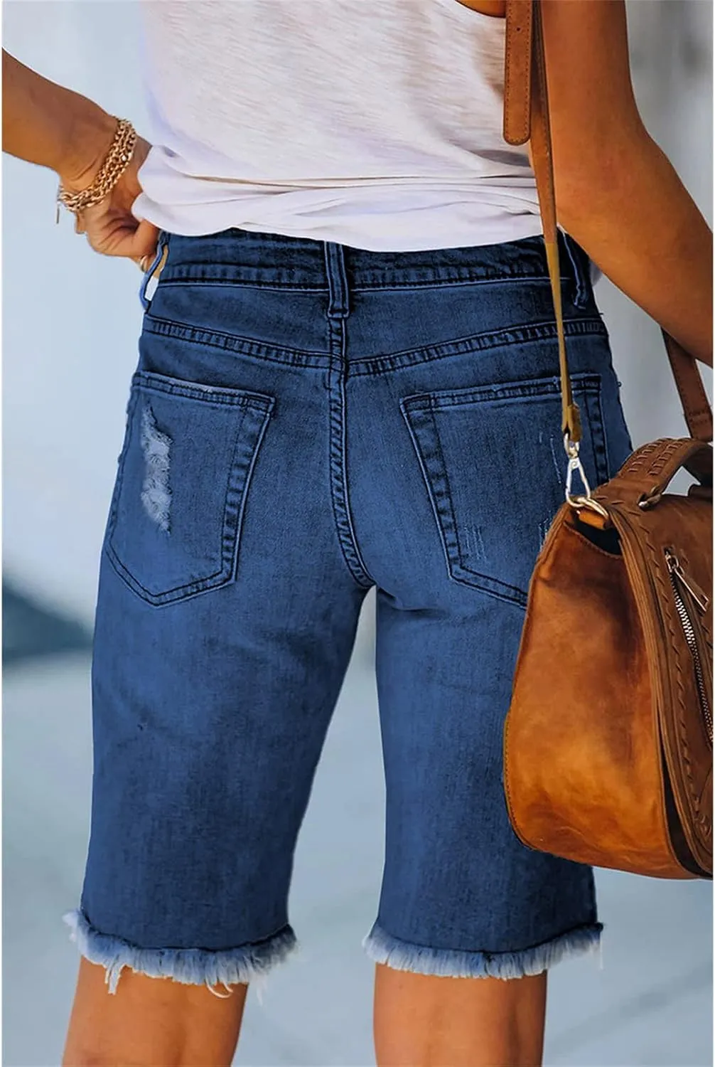 JEKE-DG Women High Waisted Stretch Bermuda Shorts Ripped Distressed Stretch Denim Shorts Frayed Hem Casual Shorts