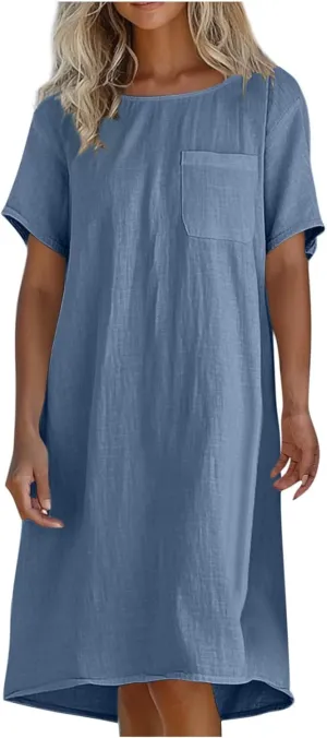 JOAU Cotton Linen Dress for Women 2025 Summer Casual Shift T-Shirt Dresses Beach Vacation Knee Length Dress with Pocket