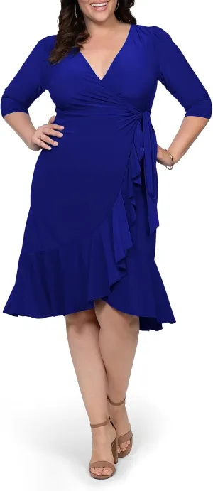 Kiyonna Plus Size Whimsy Ruffled Midi Wrap Dress with Sleeves - Cocktail, Party, Wedding Guest or Work